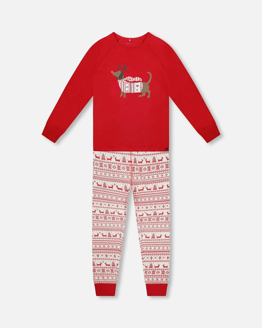 Adult Women Organic Cotton Two-Piece Pajamas Red and White Fairisle