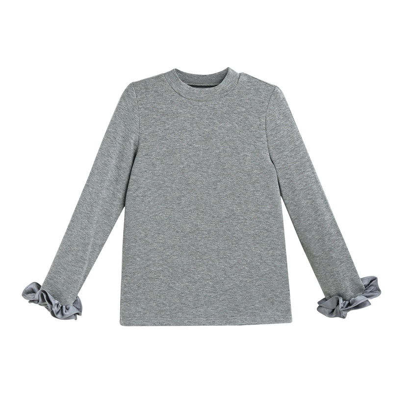Heather Gray Top with Satin Ruffle Cuffs