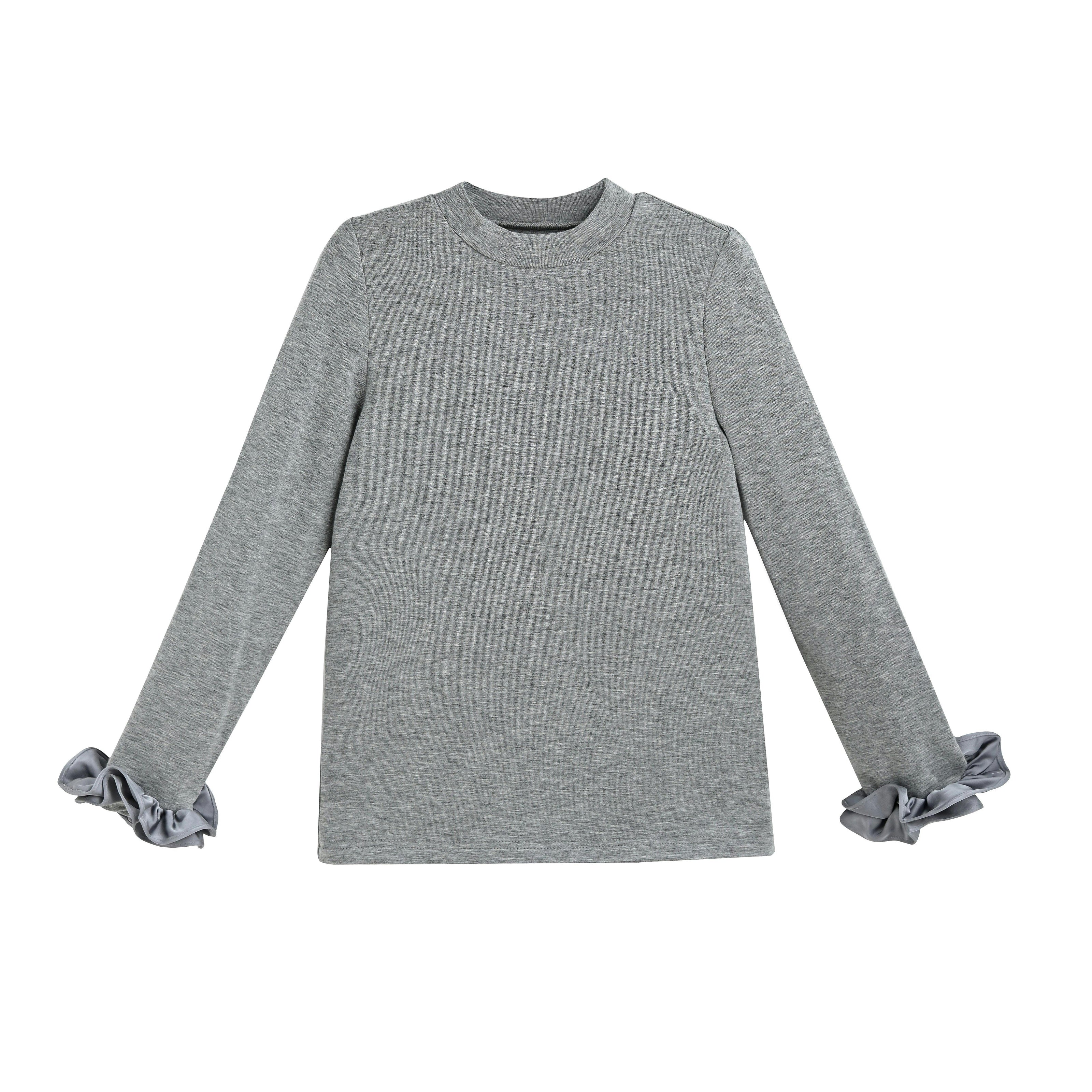 Heather Gray Top with Satin Ruffle Cuffs