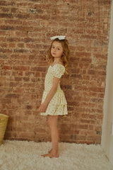 Lexi Pastel Yellow Ditsy Satin Smocked Short Sleeve Ruffle Dress