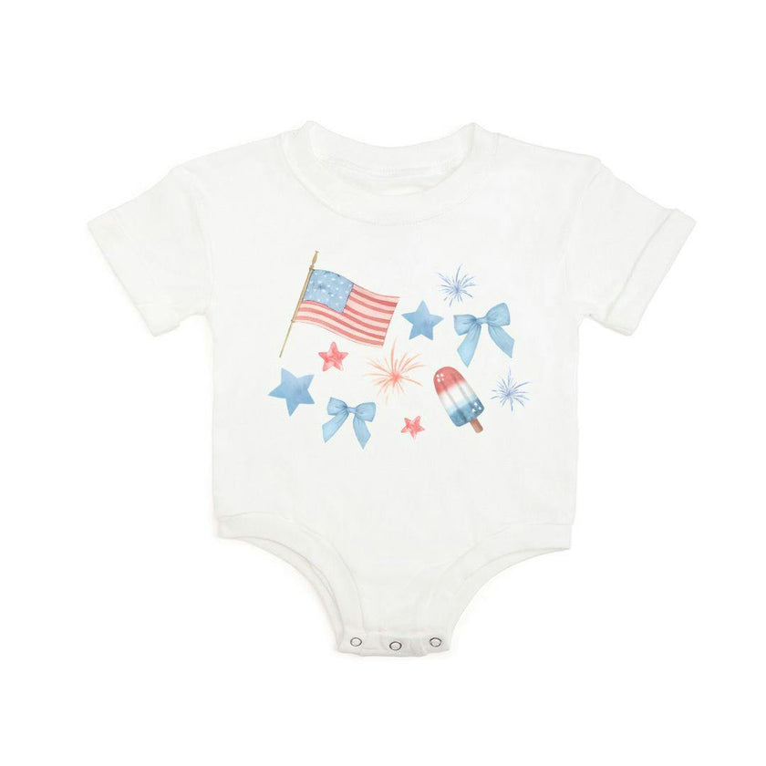 Patriotic Watercolor Short Sleeve Romper - White