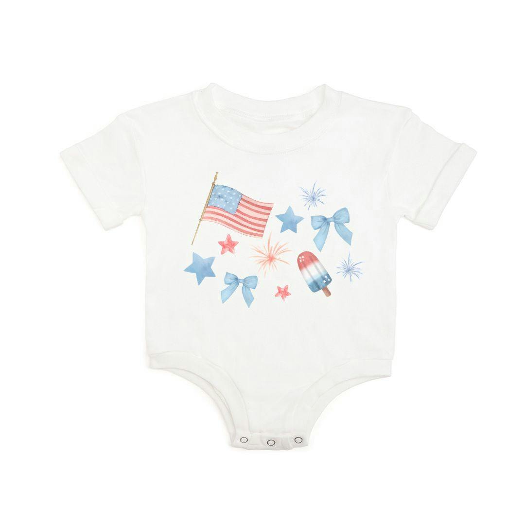 Patriotic Watercolor Short Sleeve Romper - White