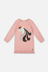 Knitted Dress Dusty Pink With Unicorn Intarsia