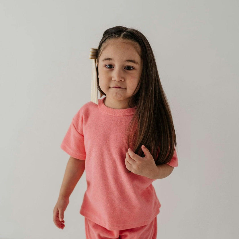 Girls Short Sleeve Cotton Terry Set in Strawberry Ice