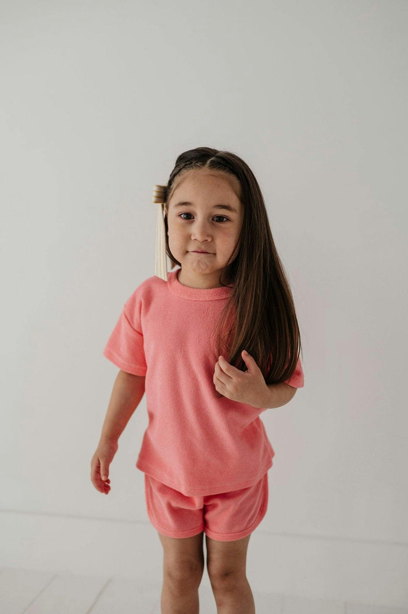 Girls Short Sleeve Cotton Terry Set in Strawberry Ice
