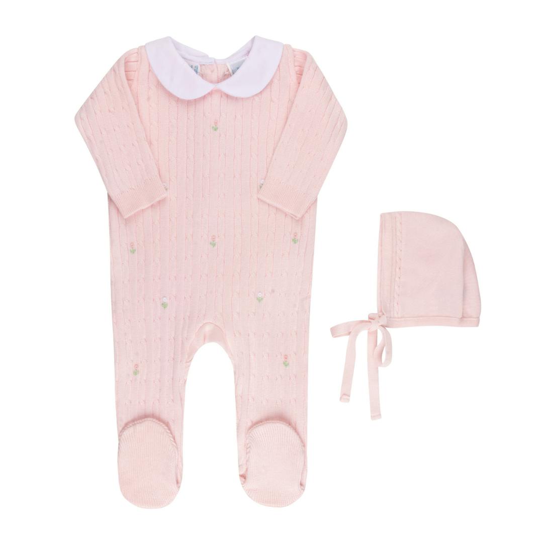 Girls Peter Pan Cable Knit Romper & Bonnet Pink