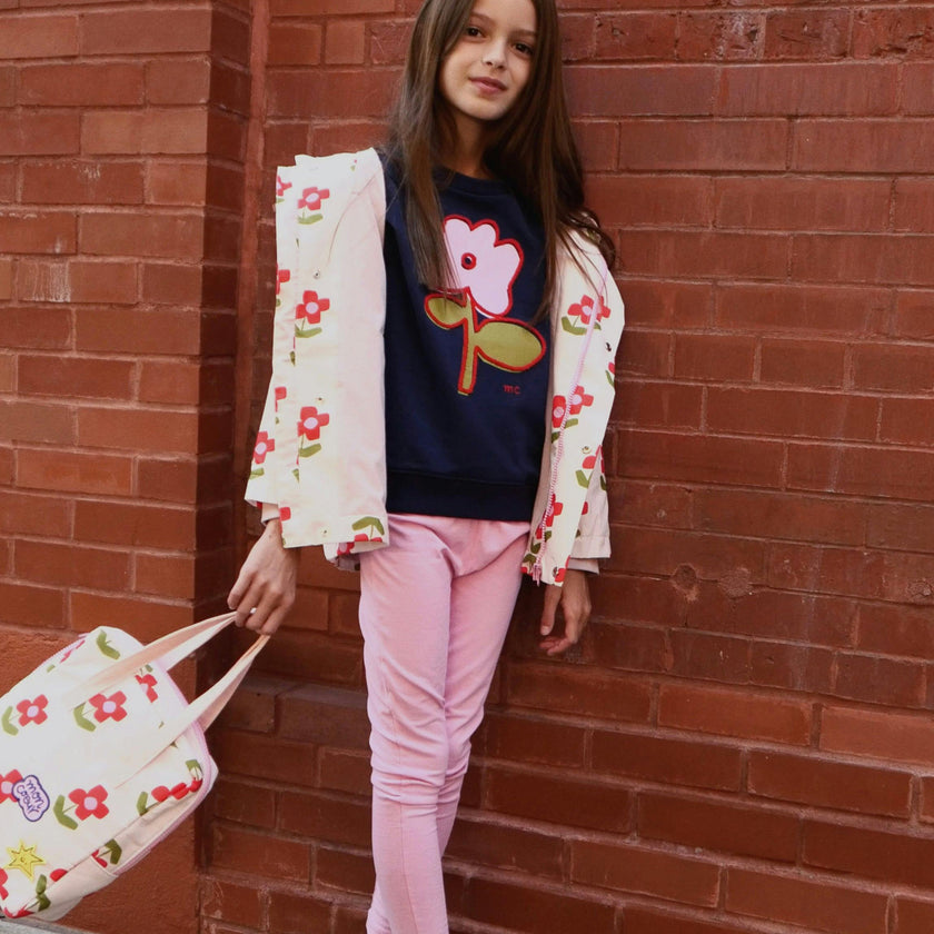 Flower Print Ribbed Cuff Hooded Zipper Raincoat, Pink