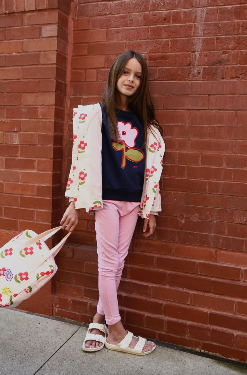 Flower Print Ribbed Cuff Hooded Zipper Raincoat, Pink