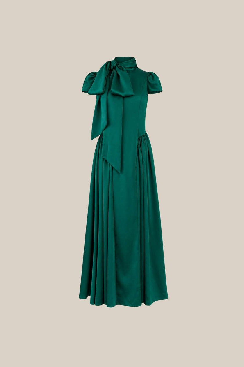 Harriet Bow Dress in Emerald Satin