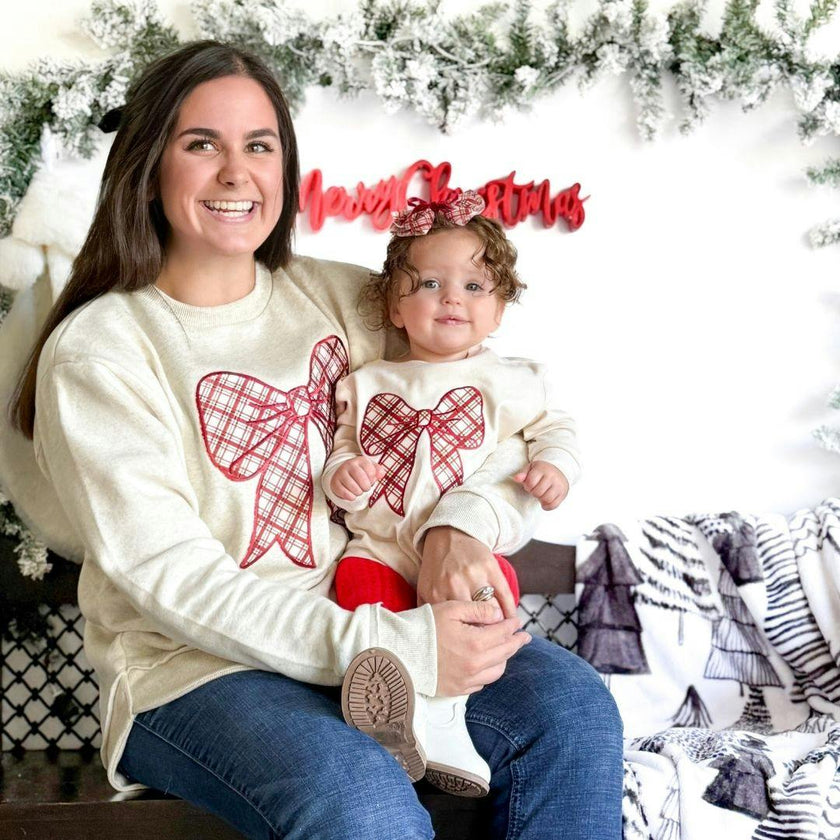 Christmas Plaid Bow Patch Long Sleeve Romper