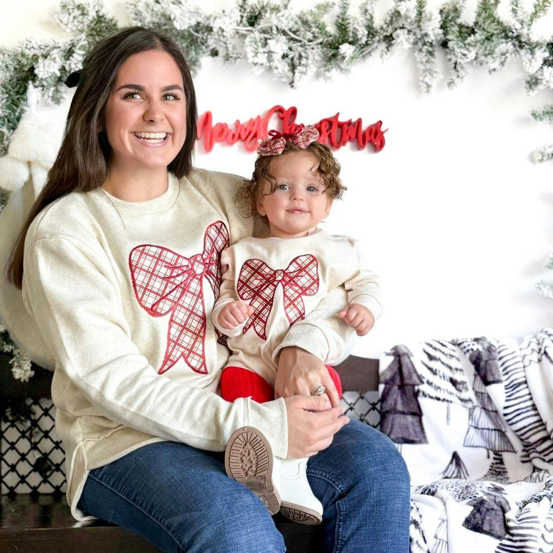 Christmas Plaid Bow Patch Long Sleeve Romper