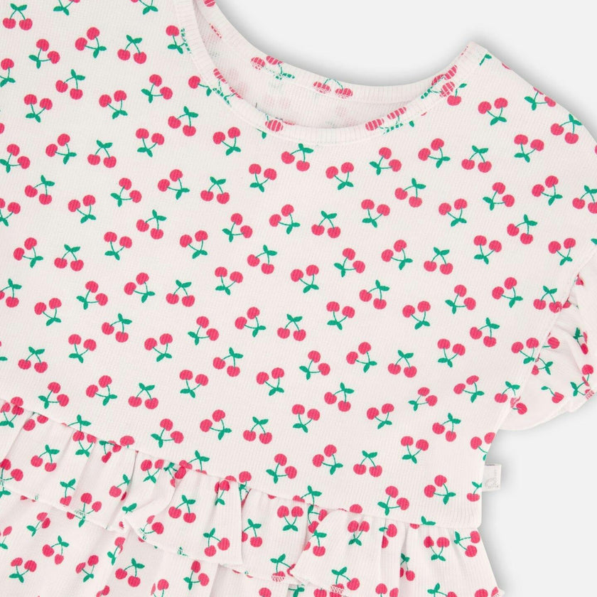 Cotton Rib Dress White Printed Cherries
