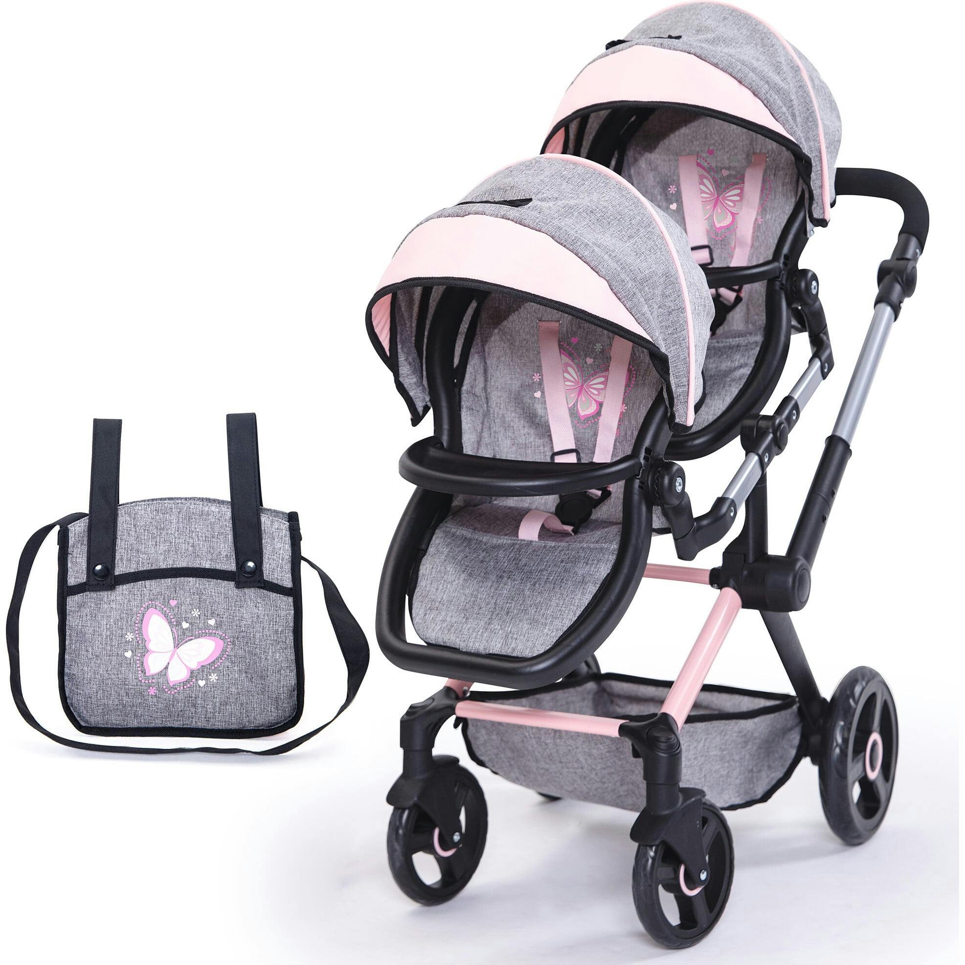 Bayer Design Dolls: Xeo Twin Pram - Grey & Pink