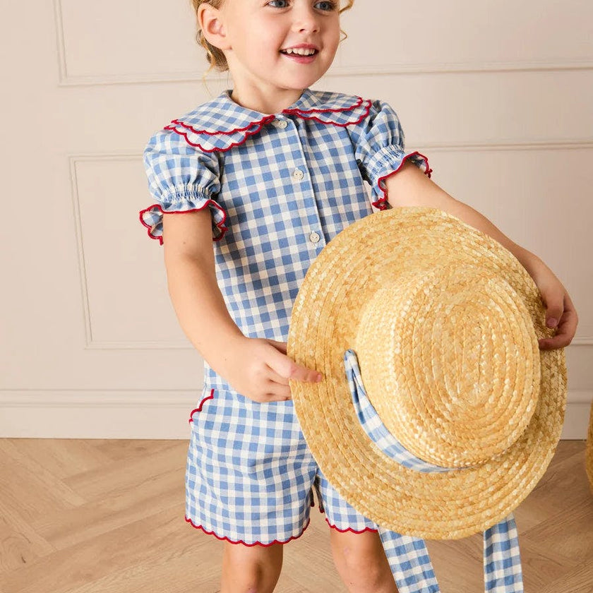 Darby Gingham Straw Boater Hat in Blue (M-L)