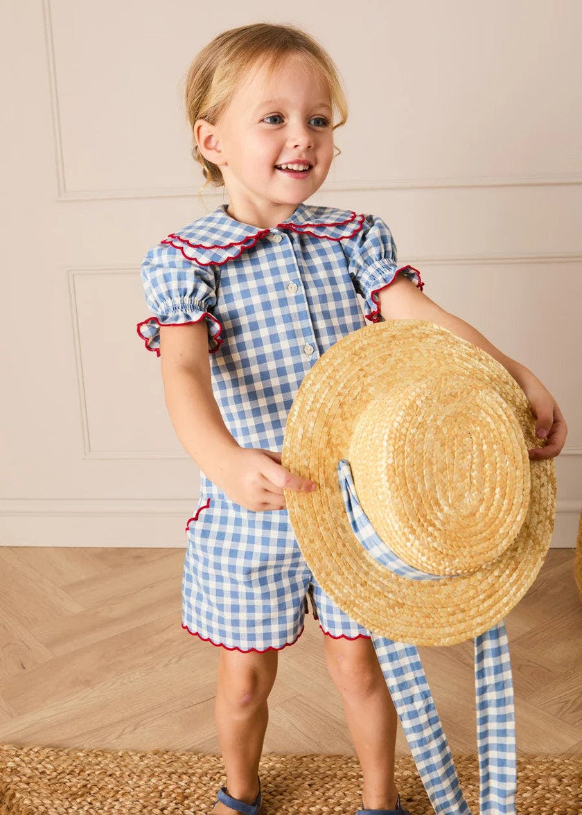 Darby Gingham Straw Boater Hat in Blue (M-L)