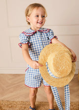 Darby Gingham Straw Boater Hat in Blue (M-L)