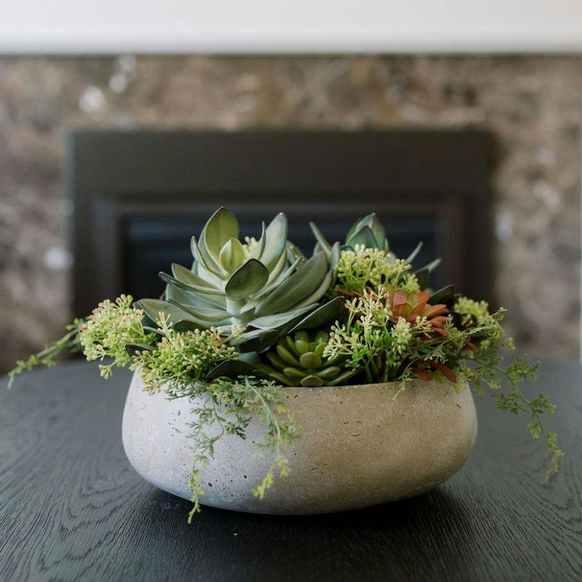 Round Artificial Succulent Arrangement, Natural Planter