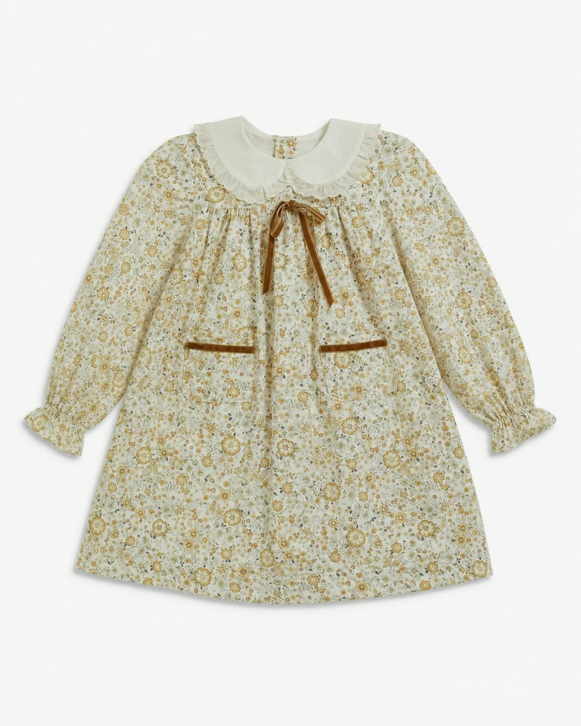 Leela Dress Beige Mustard Floral