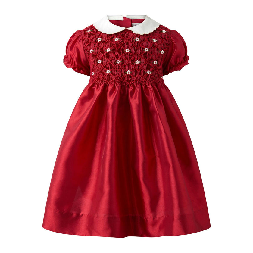 Baby Red Taffeta Rosebud Smocked Dress