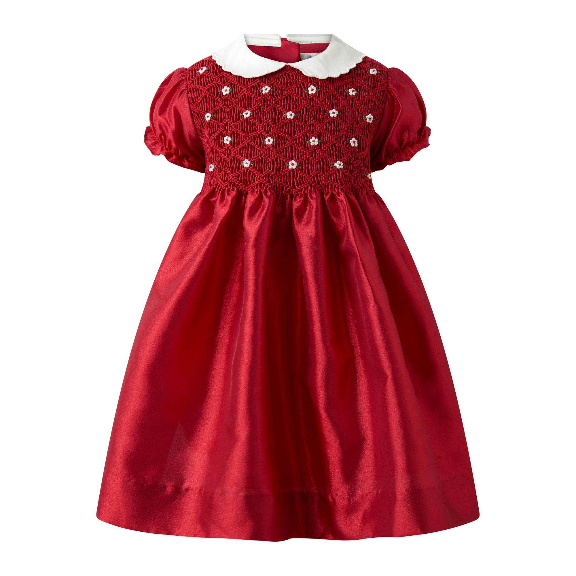 Baby Red Taffeta Rosebud Smocked Dress