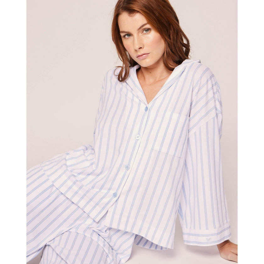 The Olivia Wide Leg Pima Pajama Set in Periwinkle Stripe