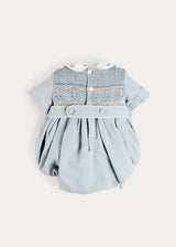 Hand Smocked Peter Pan Collar Short Sleeve Romper in Sky Blue (3mths-2yrs)