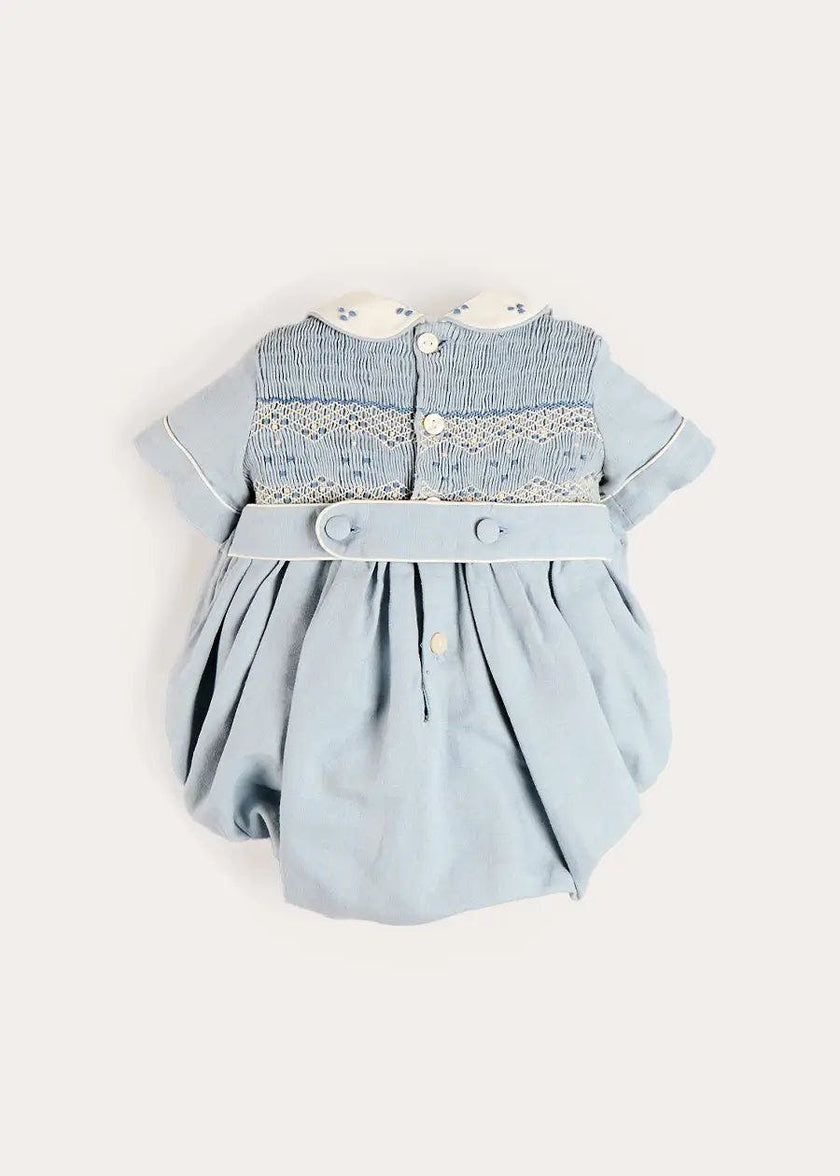 Hand Smocked Peter Pan Collar Short Sleeve Romper in Sky Blue (3mths-2yrs)