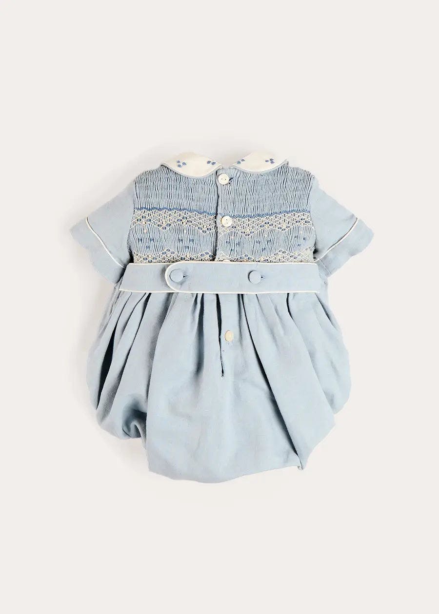Hand Smocked Peter Pan Collar Short Sleeve Romper in Sky Blue (3mths-2yrs)
