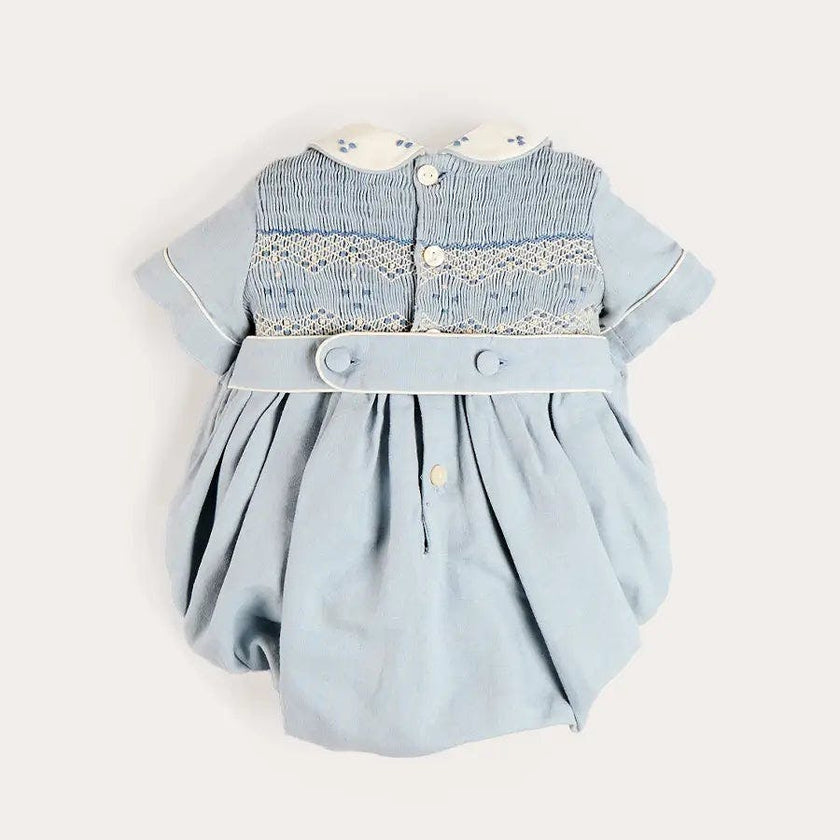 Hand Smocked Peter Pan Collar Short Sleeve Romper in Sky Blue (3mths-2yrs)