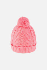 Winter Knit Hat with Pompom Neon Coral