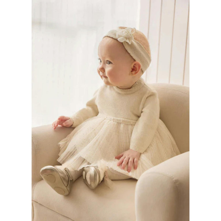 Champagne Pleated Knit Tulle Dress