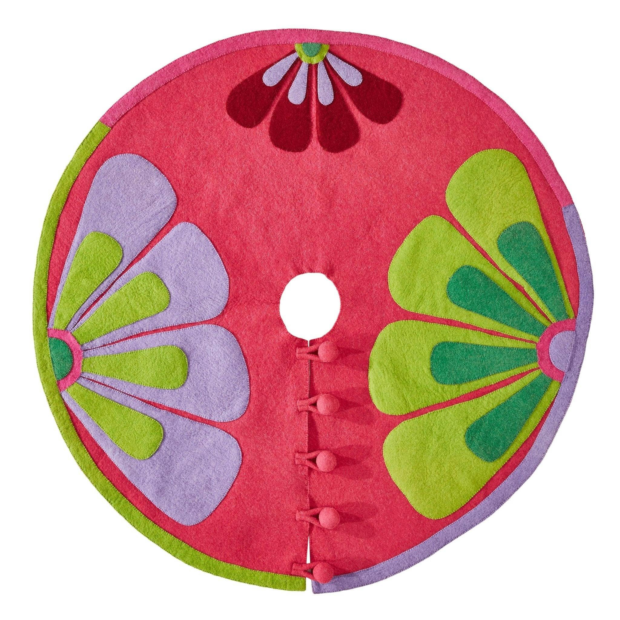 Handmade Christmas Tree Skirt in Felt - Flowers on Pink - 60