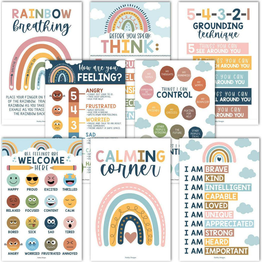 16-Piece Laminated Boho Rainbow Prek & Kindergarten Posters