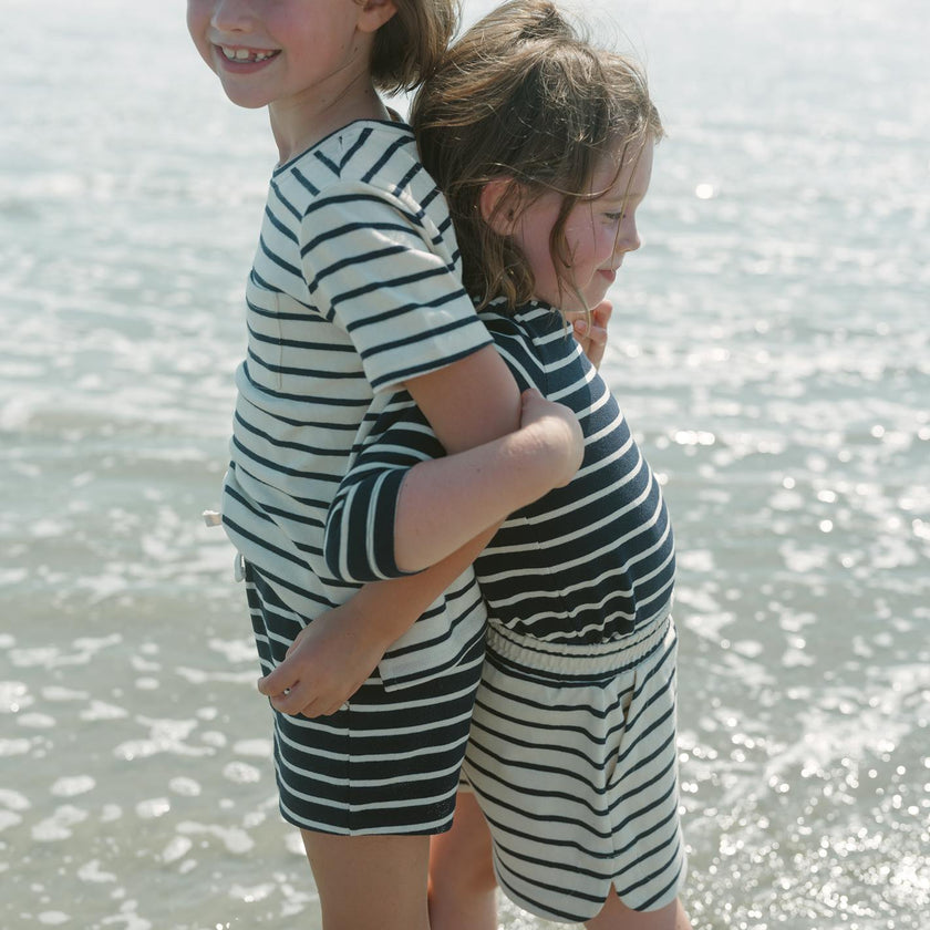 unisex navy and cream stripe short