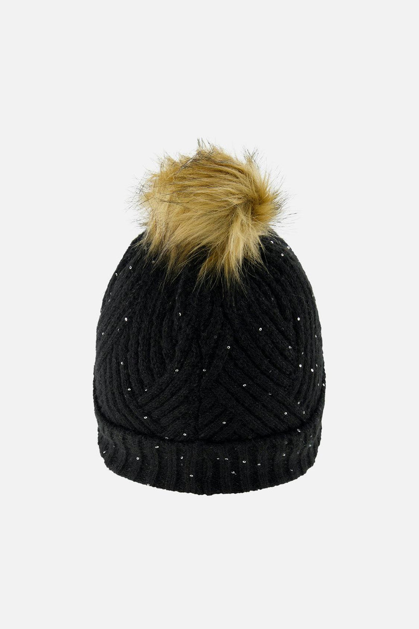 Winter Knit Hat with Pompom Black