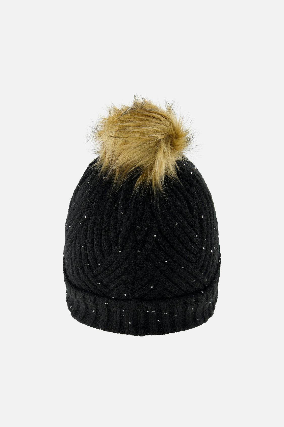 Winter Knit Hat with Pompom Black