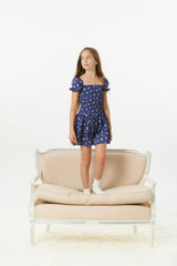 Lexi Rose Bow Navy Satin Smocked Short Sleeve Ruffle Dress