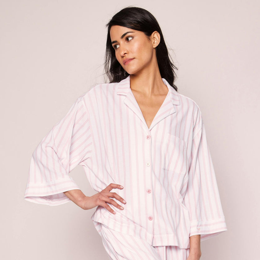 The Olivia Wide Leg Pima Pajama Set in Pink Stripe