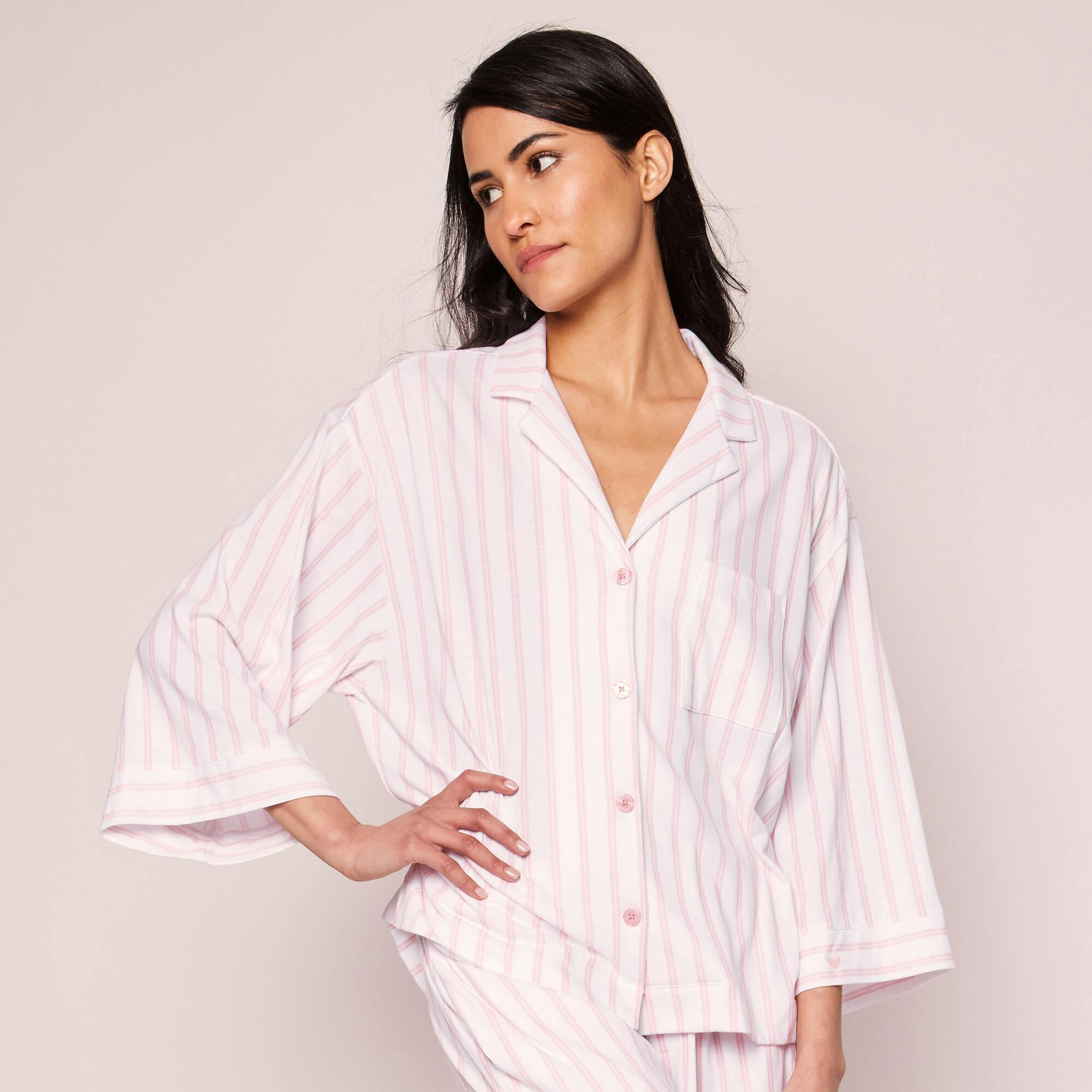 The Olivia Wide Leg Pima Pajama Set in Pink Stripe