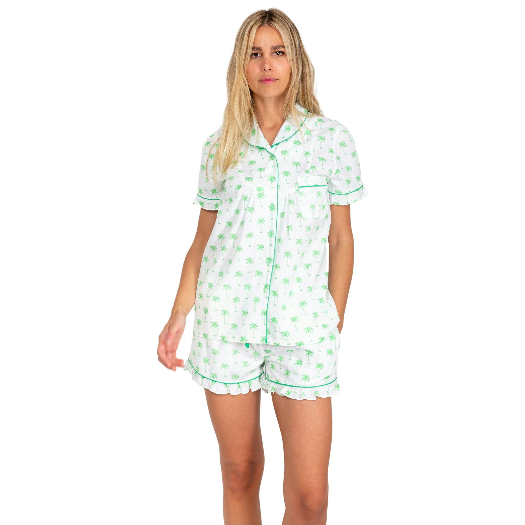 Women's Green Palm Tree Short PJ Set - Organic Cotton Poplin