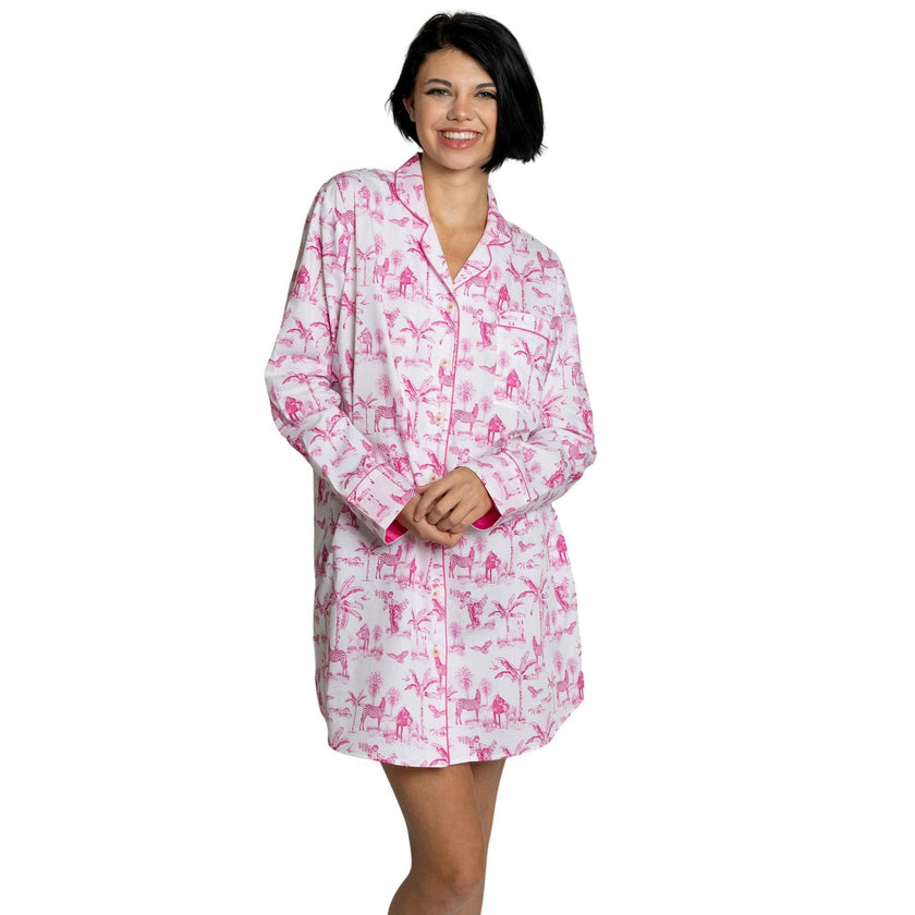 Women's Skydog Toile Pink Night Shirt - Organic Cotton Poplin