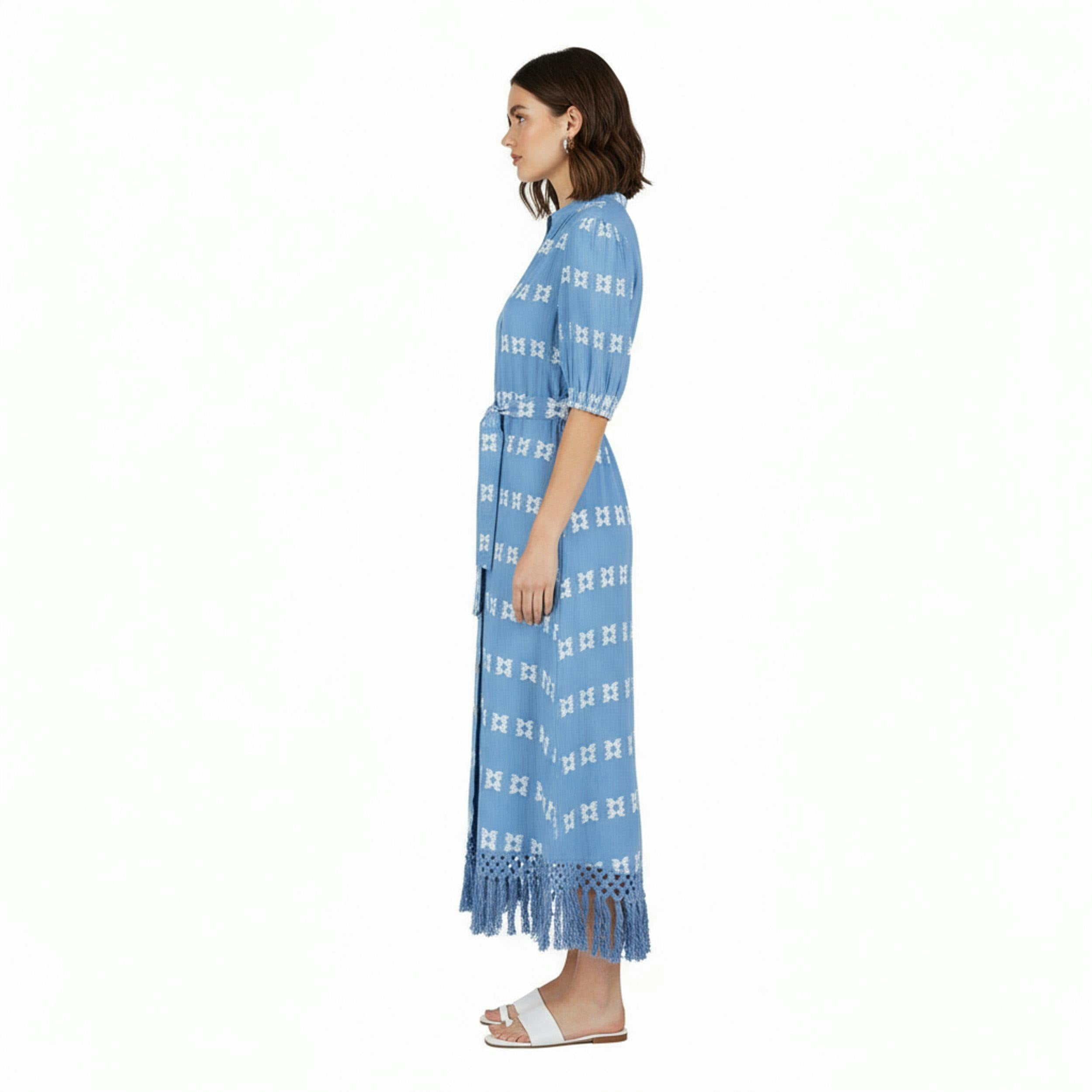 Estelle Womens Fringed Shirtdress Sky White Embroidery, Sky Blue