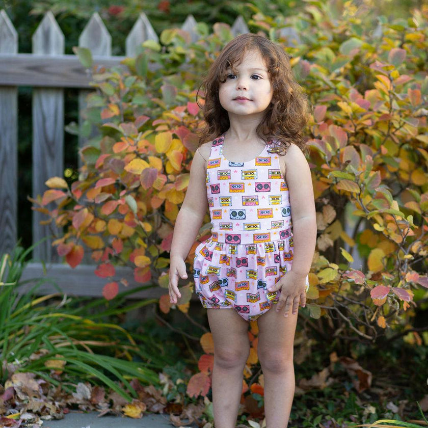 Cross Back Bubble Romper in Cassettes/Stars