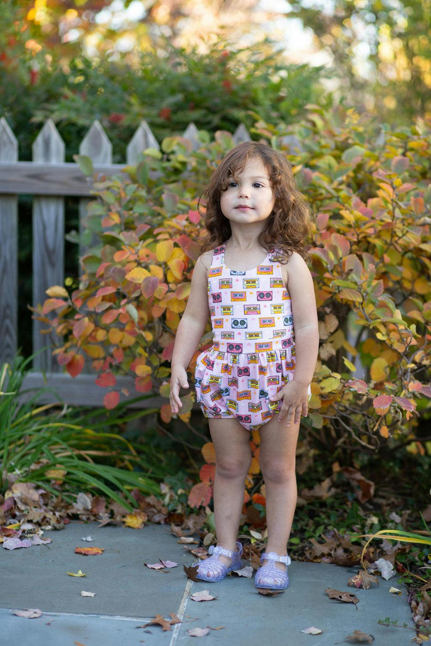 Cross Back Bubble Romper in Cassettes/Stars