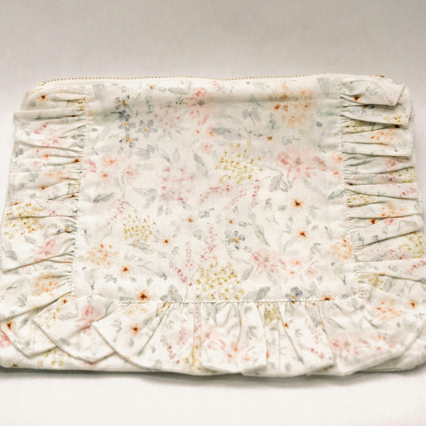 Dewdrop Meadow Timeless Floral Ruffle Zipper Pouch