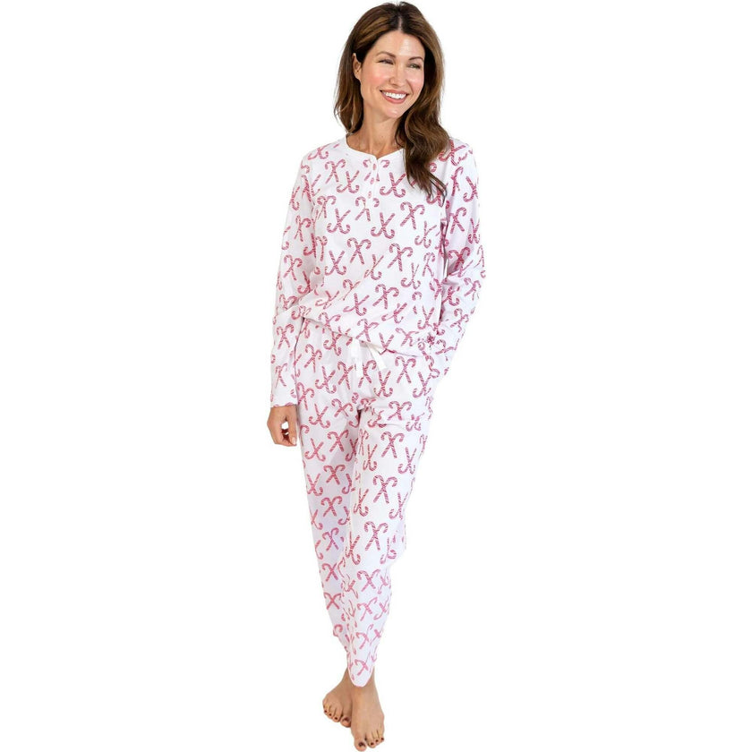 Women's Candy Cane Long PJ Set - Red White Organic Stretch Jersey Knit Cotton