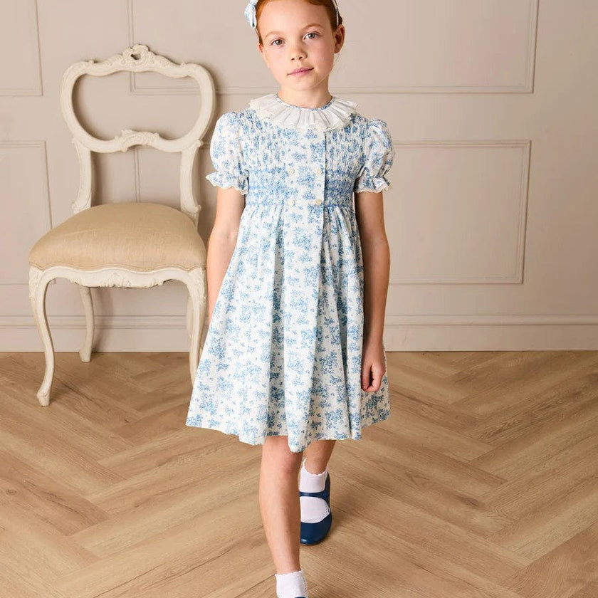 Audrey Toile Hand Smocked Ruffle Collar Short Sleeve Dress in Blue (12mths- 10yrs)