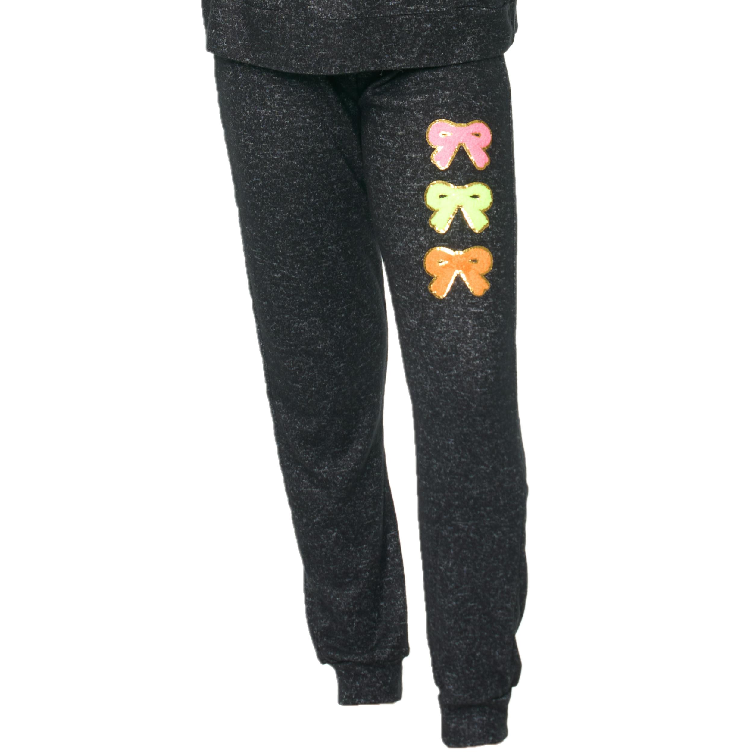 Girl's Hacci Sweatpants with Assorted Color Glitter Bows Chenille Patches