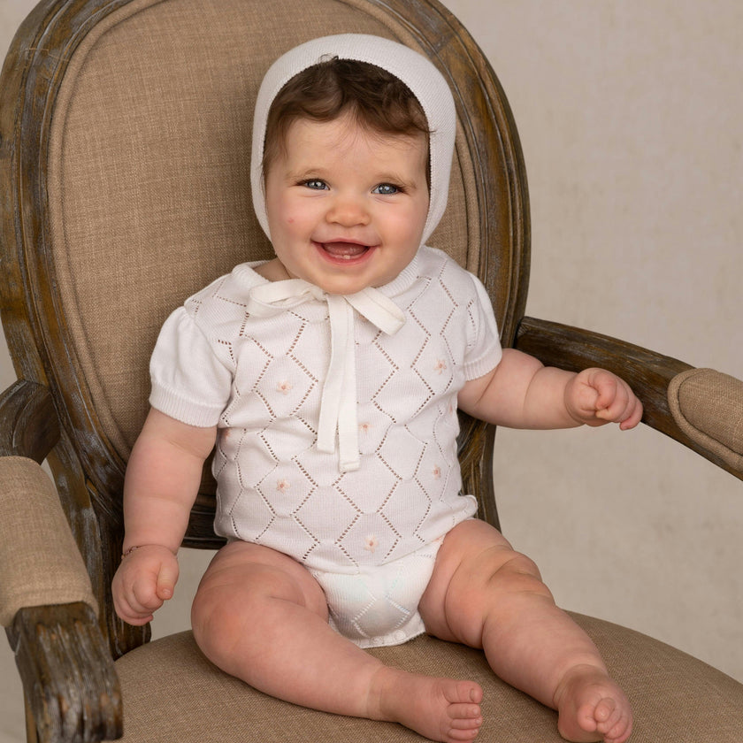 Girls Eyelet Knit Romper Ivory