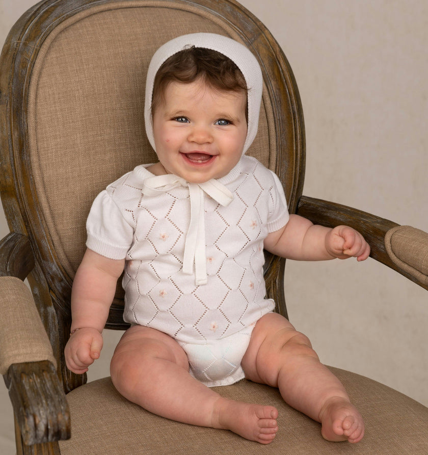 Girls Eyelet Knit Romper Ivory